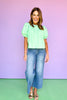 Mint Pleated Button Down Short Puff Sleeve Top