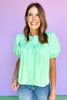 Mint Pleated Button Down Short Puff Sleeve Top
