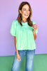 Mint Pleated Button Down Short Puff Sleeve Top