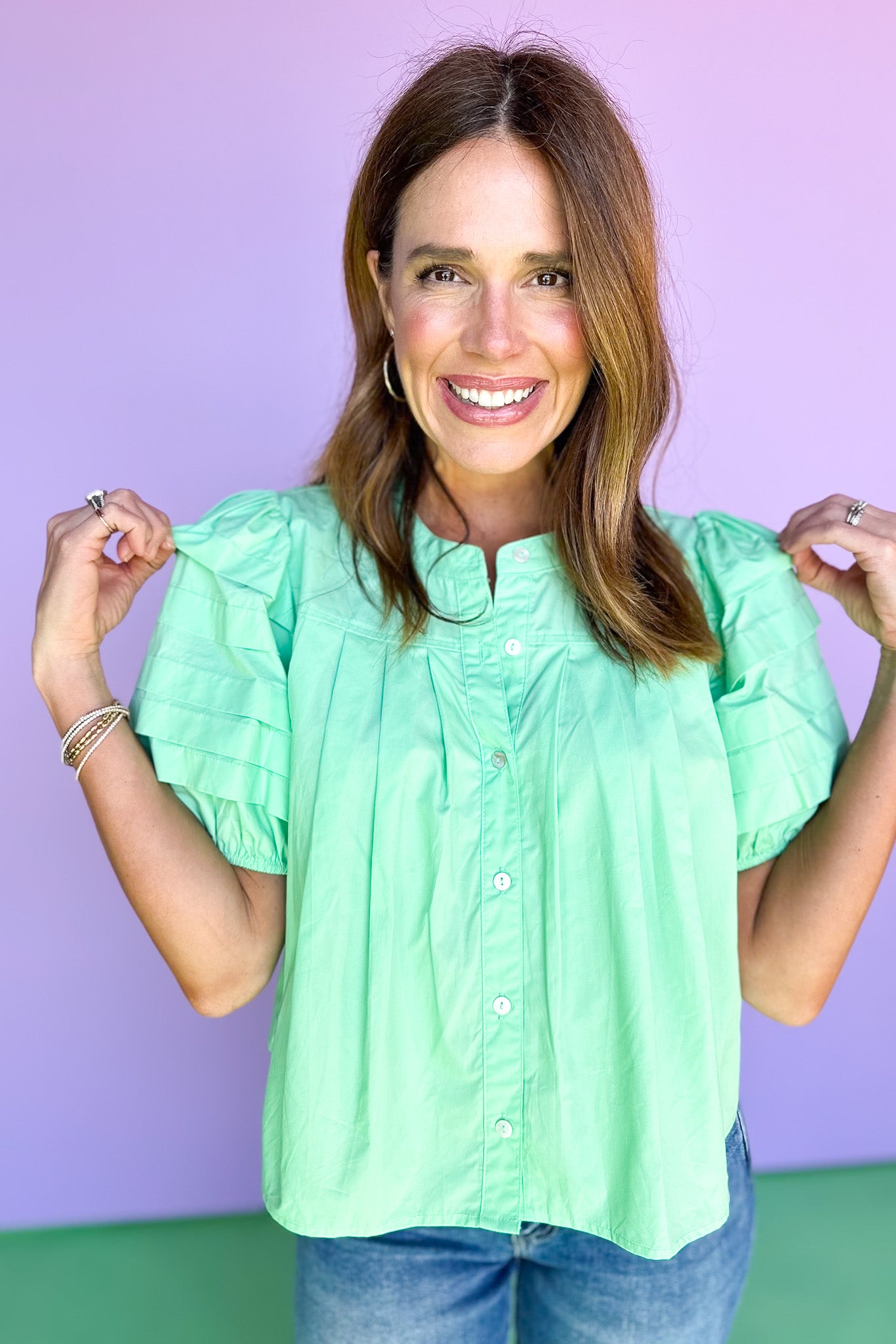 Mint Pleated Button Down Short Puff Sleeve Top