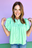Mint Pleated Button Down Short Puff Sleeve Top