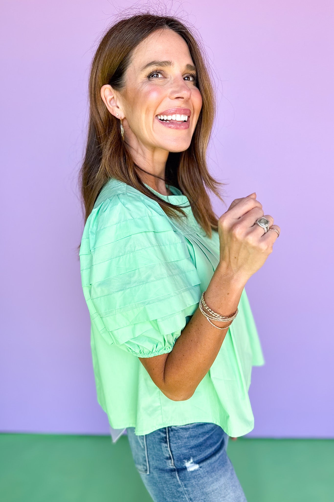 Mint Pleated Button Down Short Puff Sleeve Top