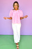 Pink Pleated Button Down Short Puff Sleeve Top