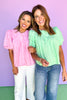 Mint Pleated Button Down Short Puff Sleeve Top
