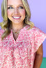 Red Floral Print V Neck Smocked Bodice Top