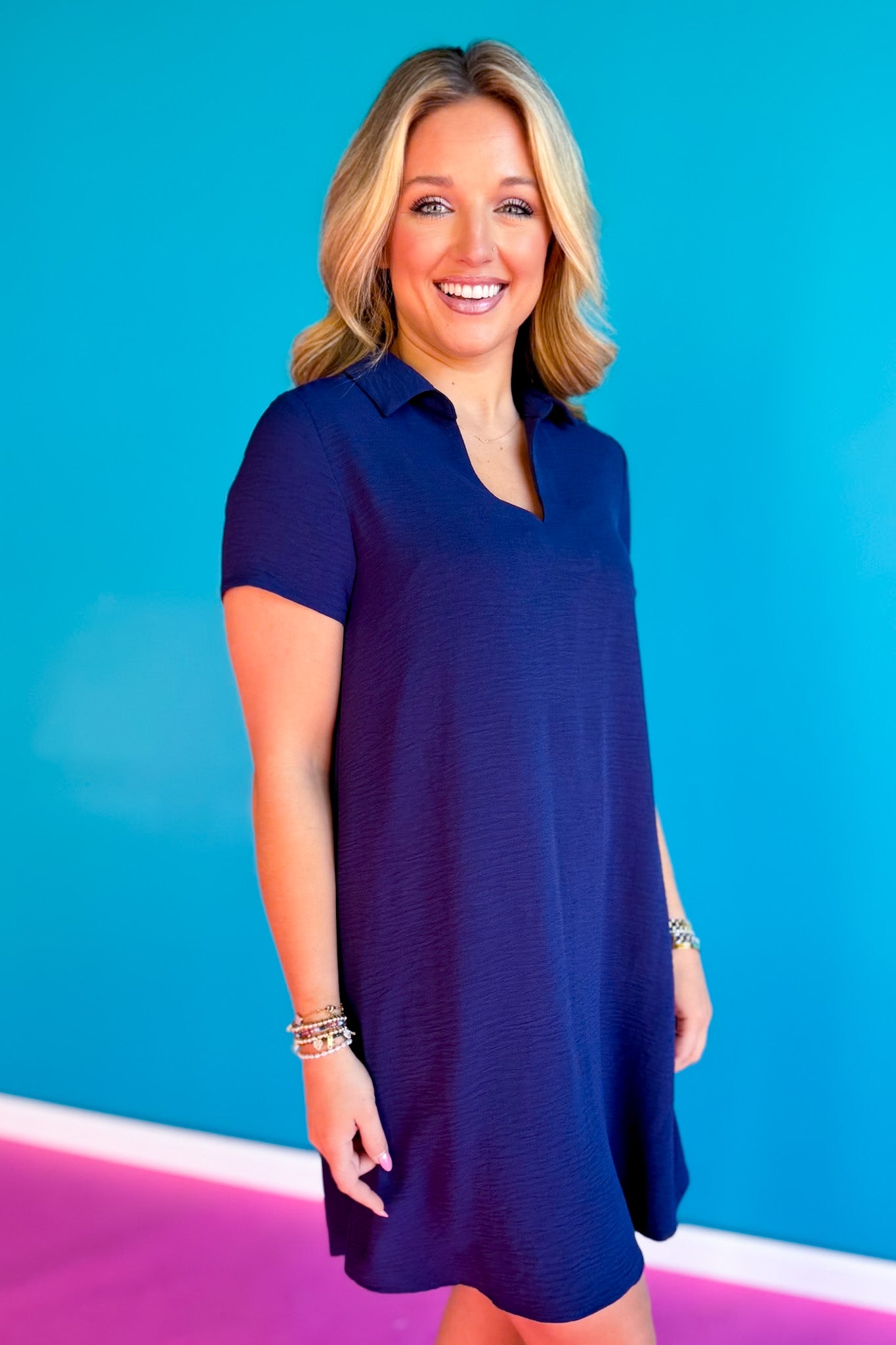 SSYS Brynlee Crepe Collared Short Sleeve Dress In Navy