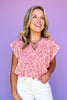 Red Floral Print V Neck Smocked Bodice Top