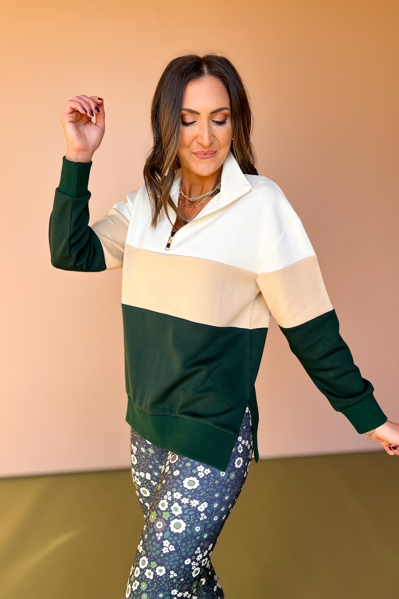 SSYS Ivory Taupe Hunter Colorblock Zip Pullover