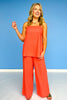 Orange Straight Neck Sleeveless Longline High Waist Pant Set