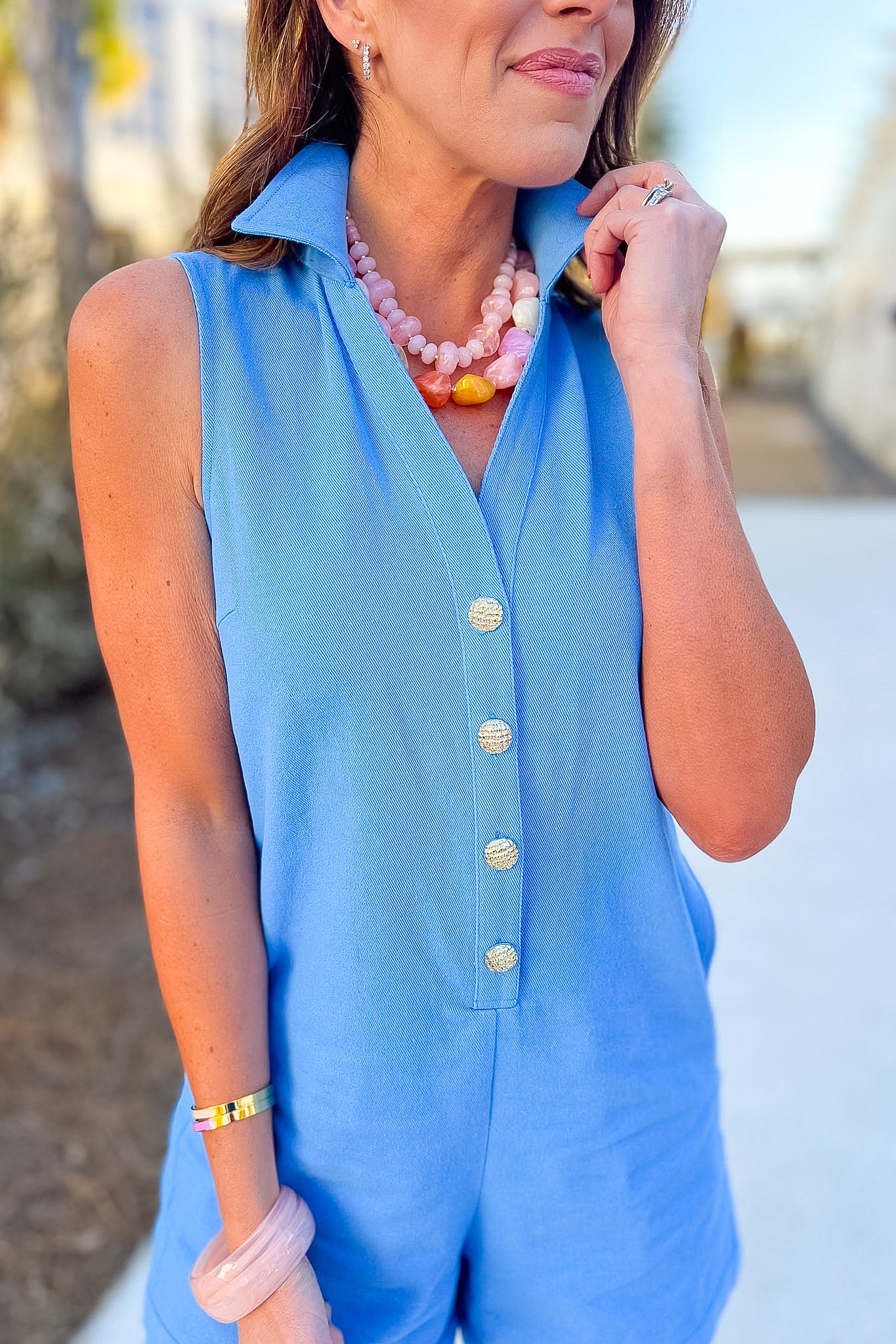 SSYS Kate Denim Gold Button Romper In Cornflower