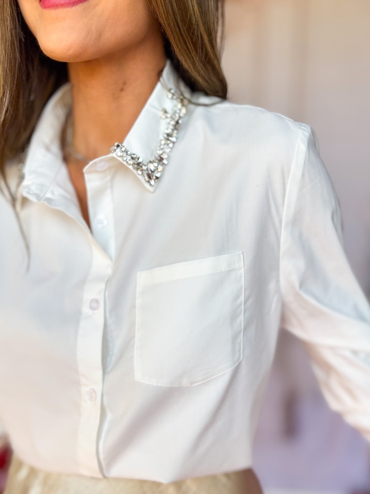 SSYS Starla Rhinestone Collared Button Down Top In White
