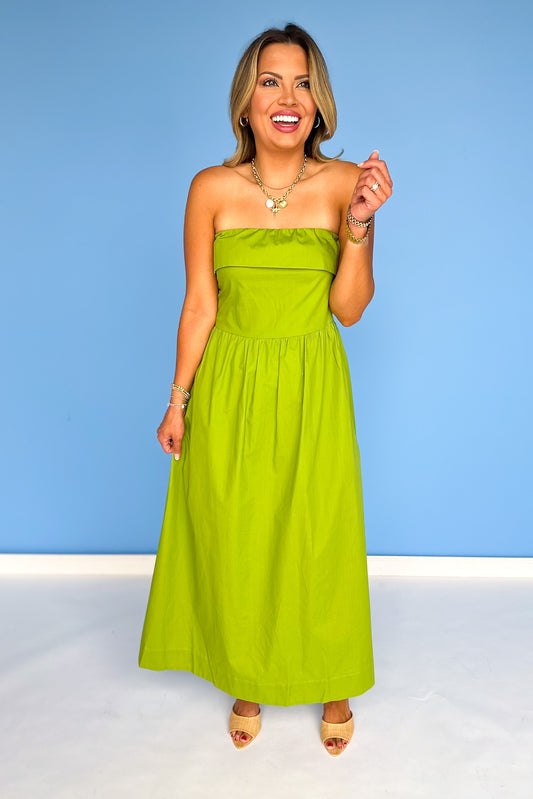 Green Poplin Fold Over Tube Dress