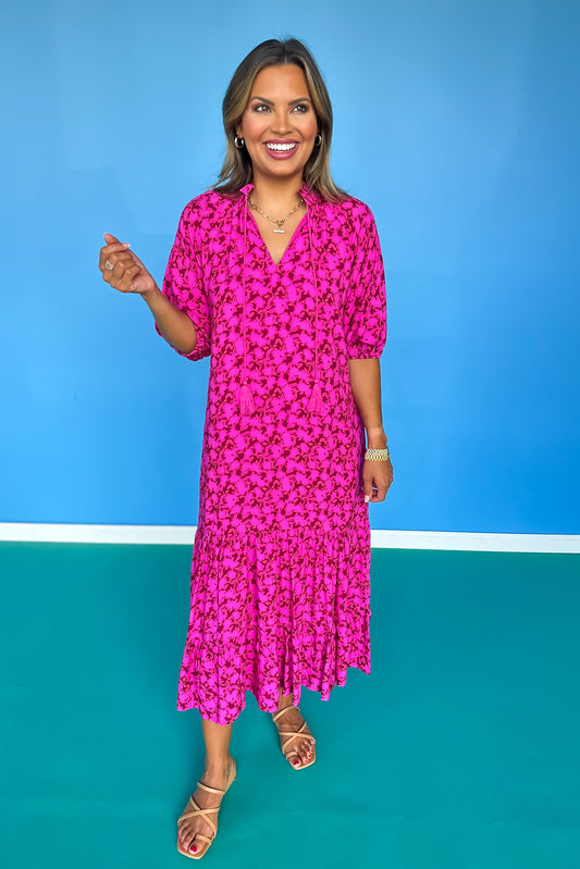 SSYS Rowan Short Sleeve Maxi Dress In Maroon Pink Two Tone Floral
