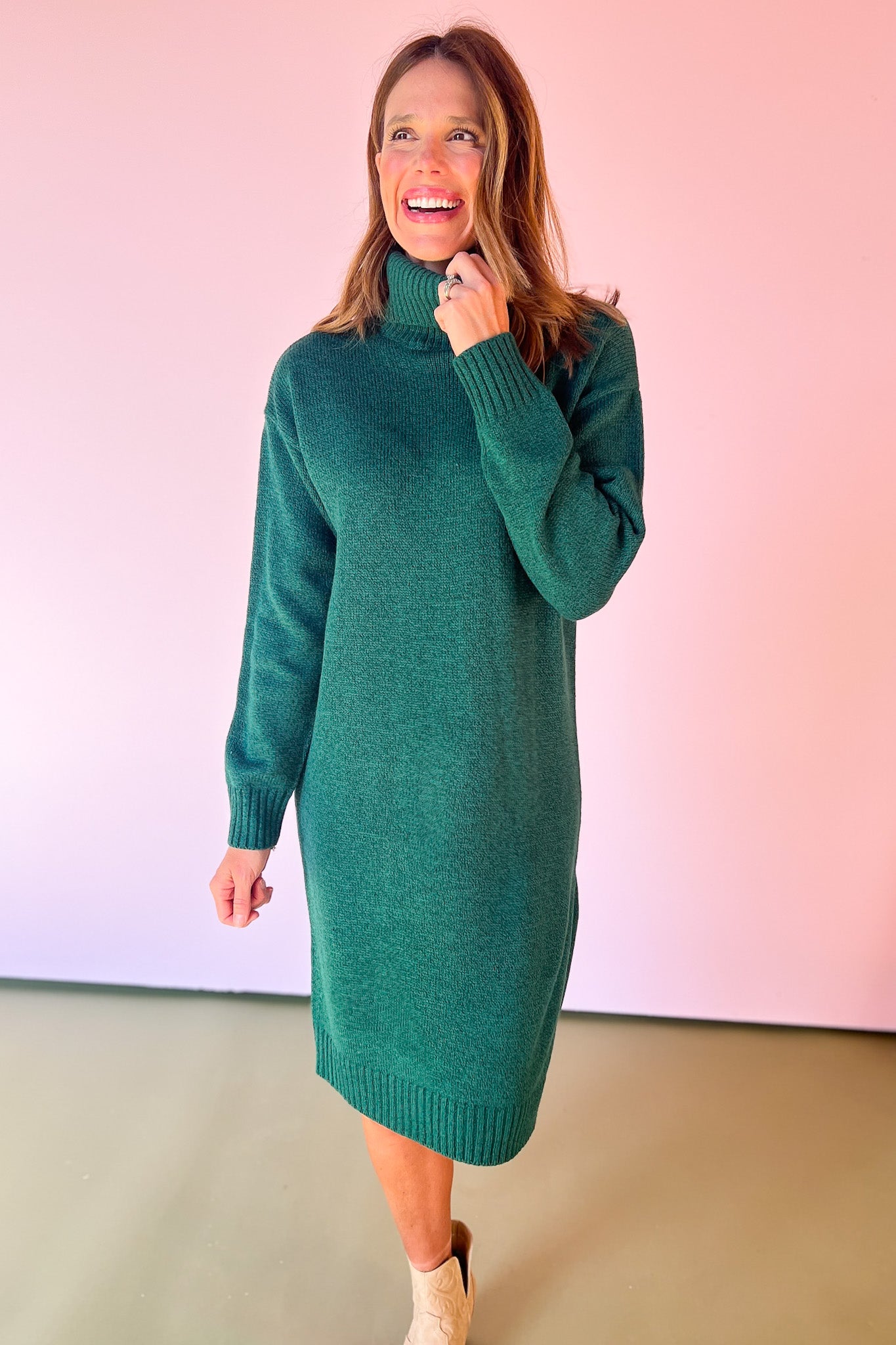 Hunter Green Turtle Neck Long Sleeve Midi Sweater Dress *FINAL SALE*