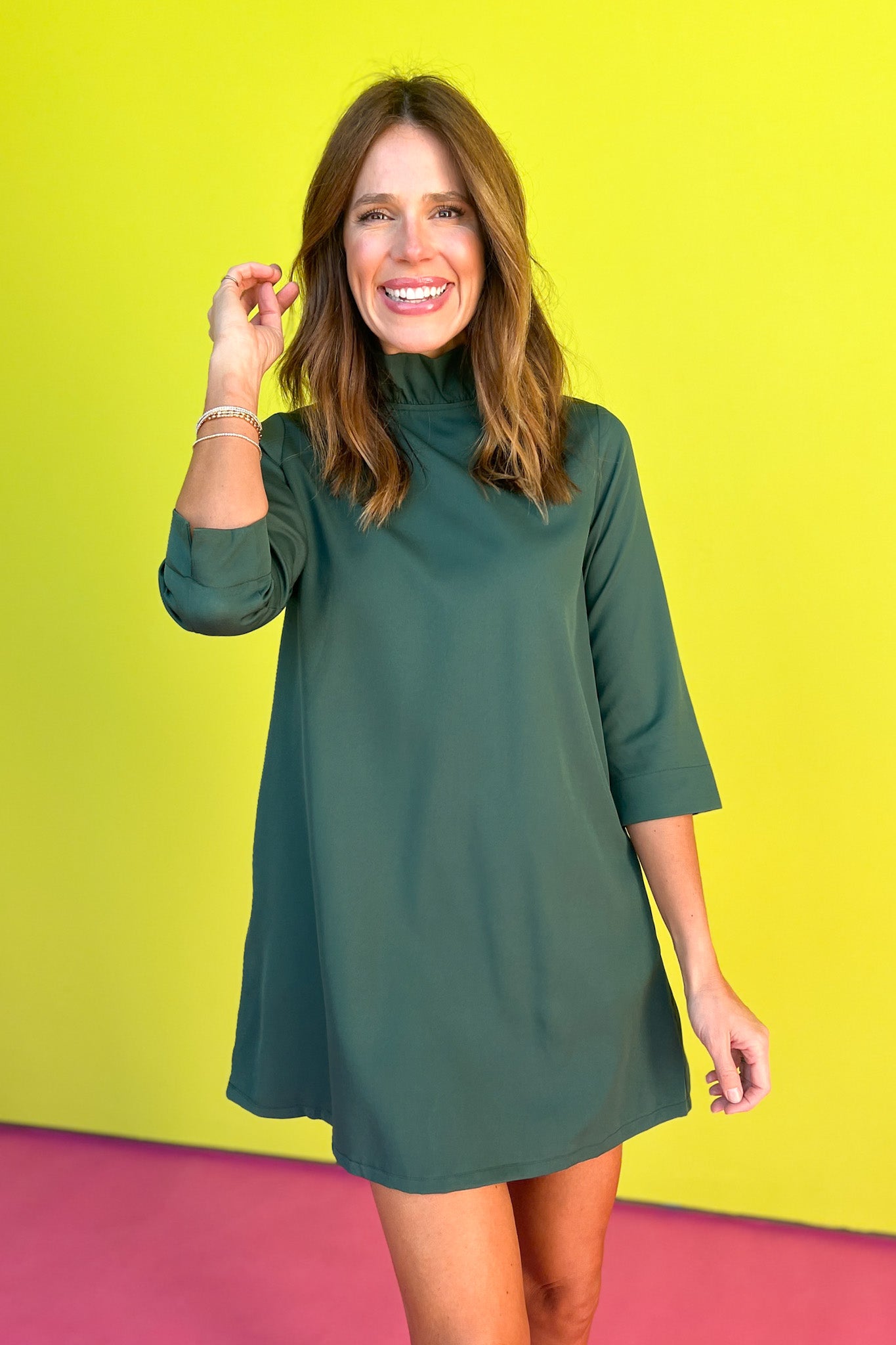 Hunter Green High Ruffle Neck 3/4 Sleeve Dress