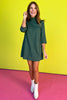 Hunter Green High Ruffle Neck 3/4 Sleeve Dress