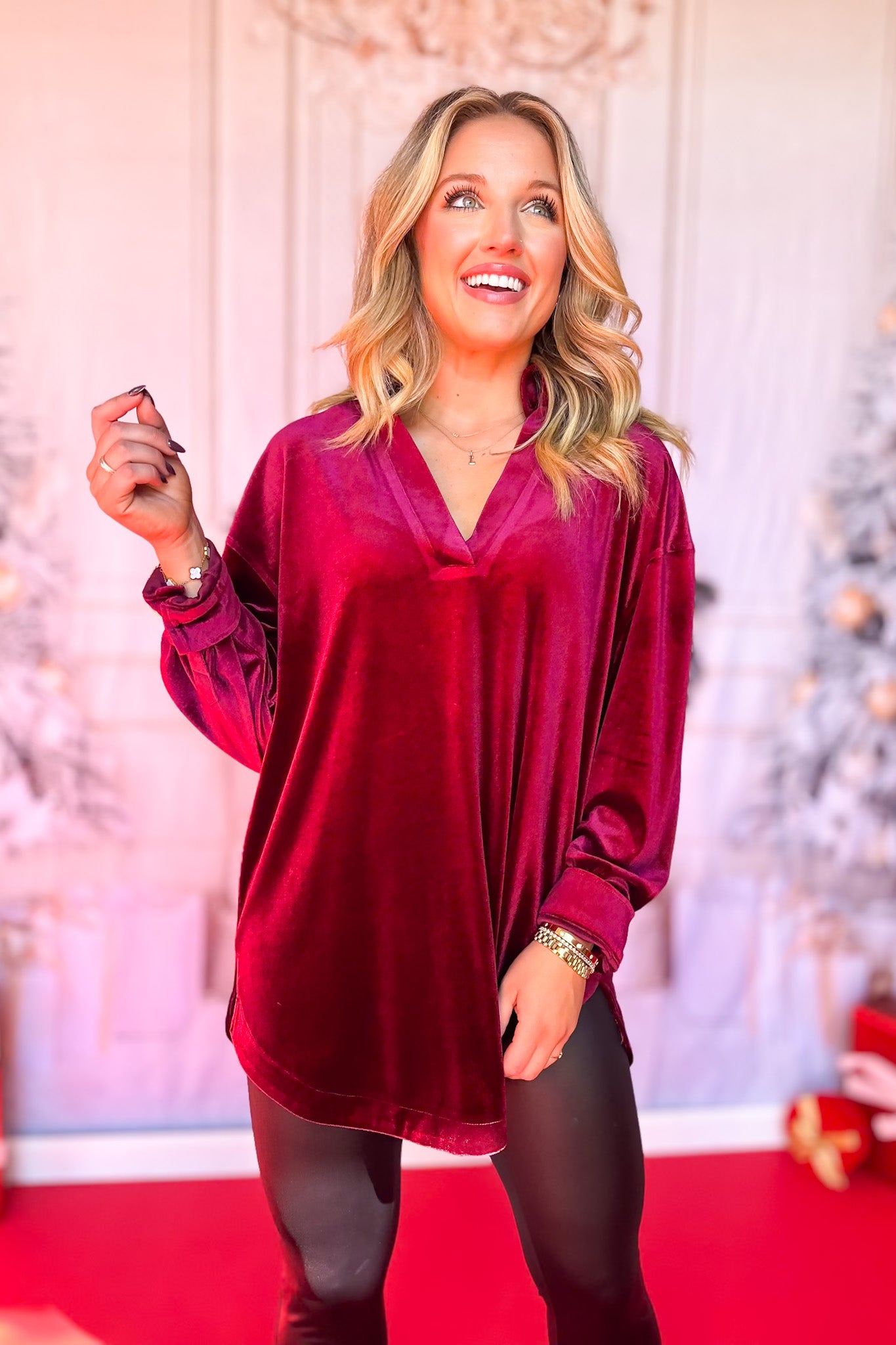 SSYS Winslet Velvet Tunic Top In Deep Maroon
