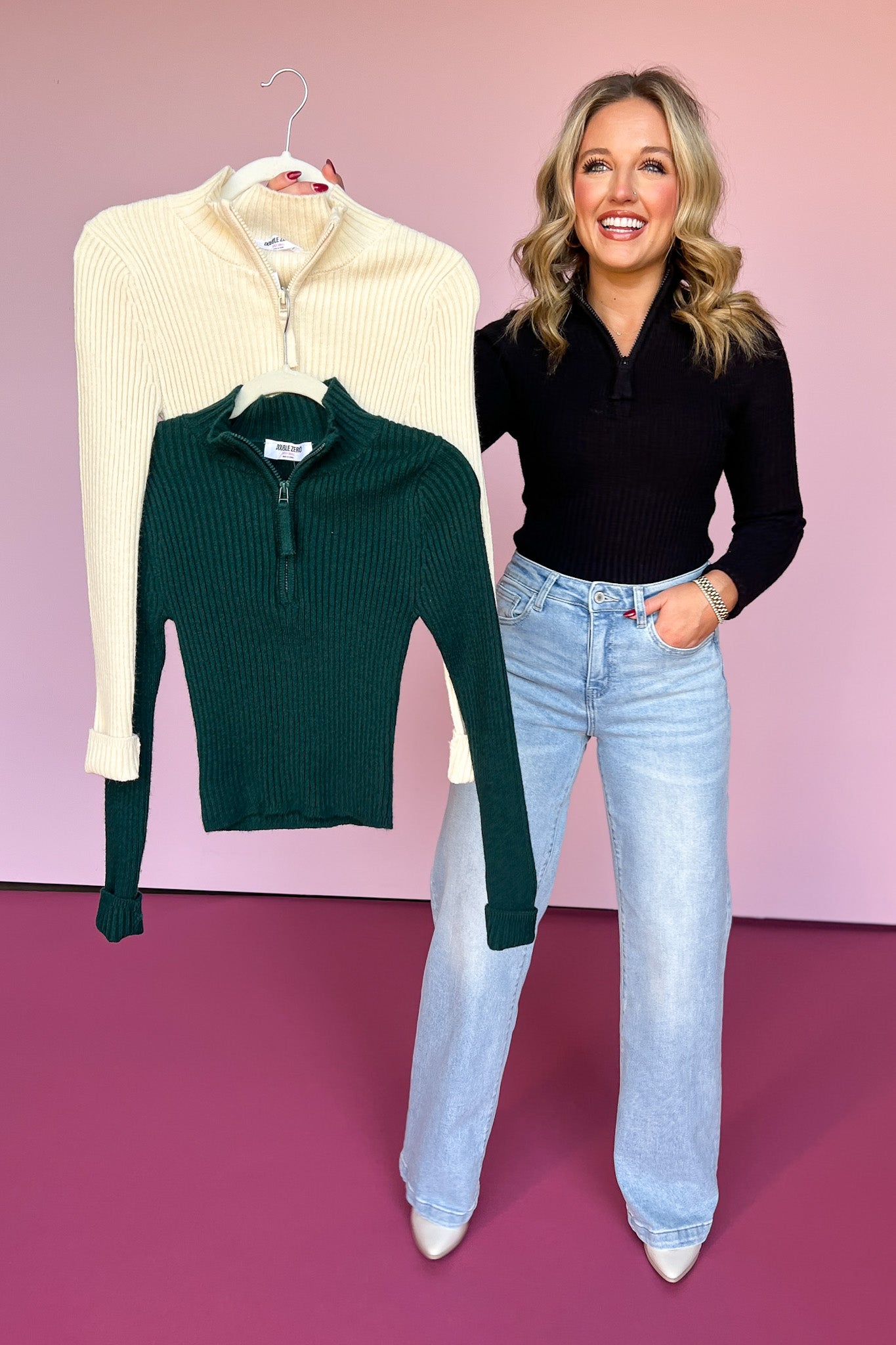 Dark Green Ribbed Knit Half Zip Top *FINAL SALE*