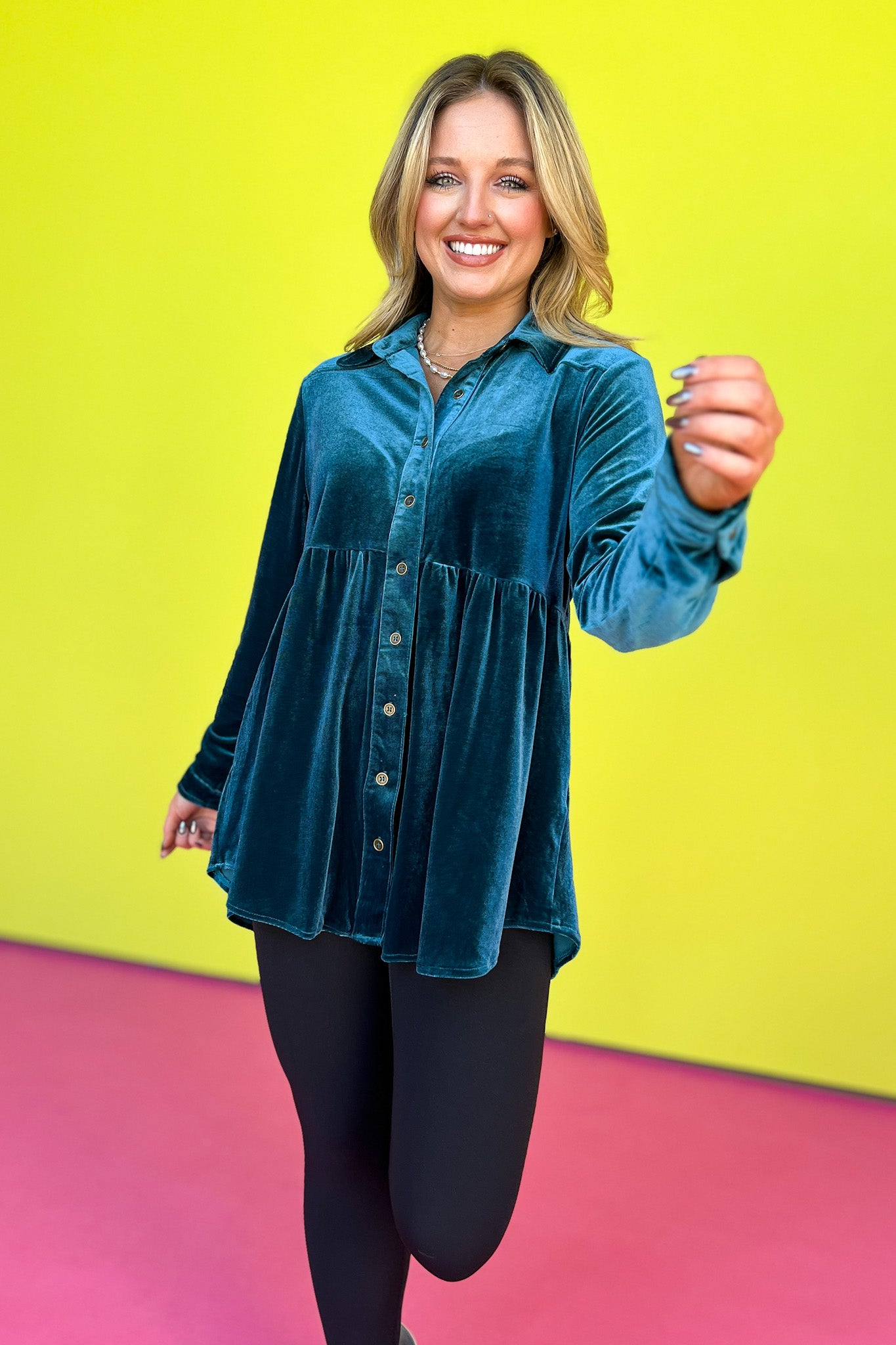 Teal Button Down Pleated High Low Tunic Top