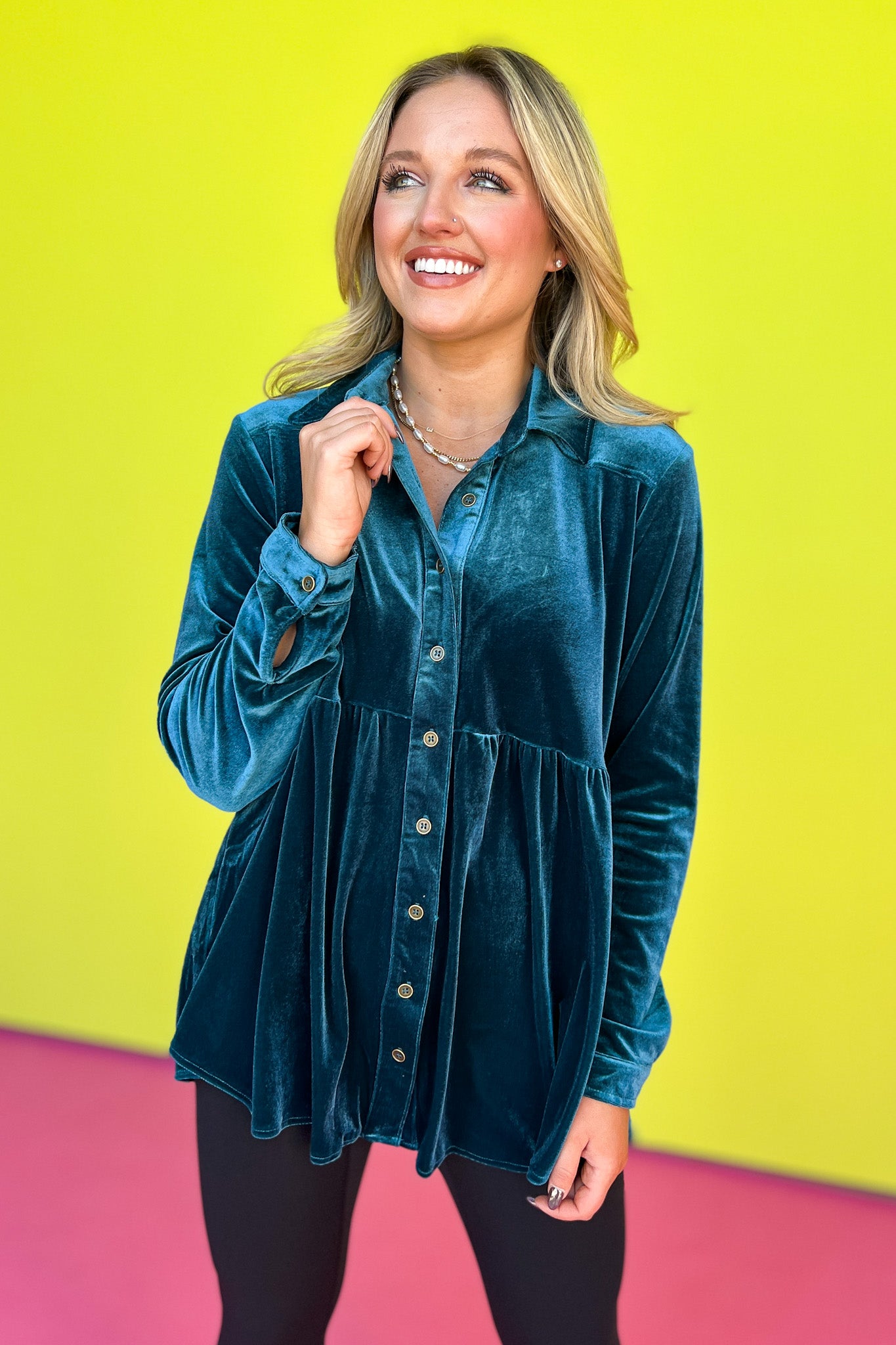 Teal Button Down Pleated High Low Tunic Top