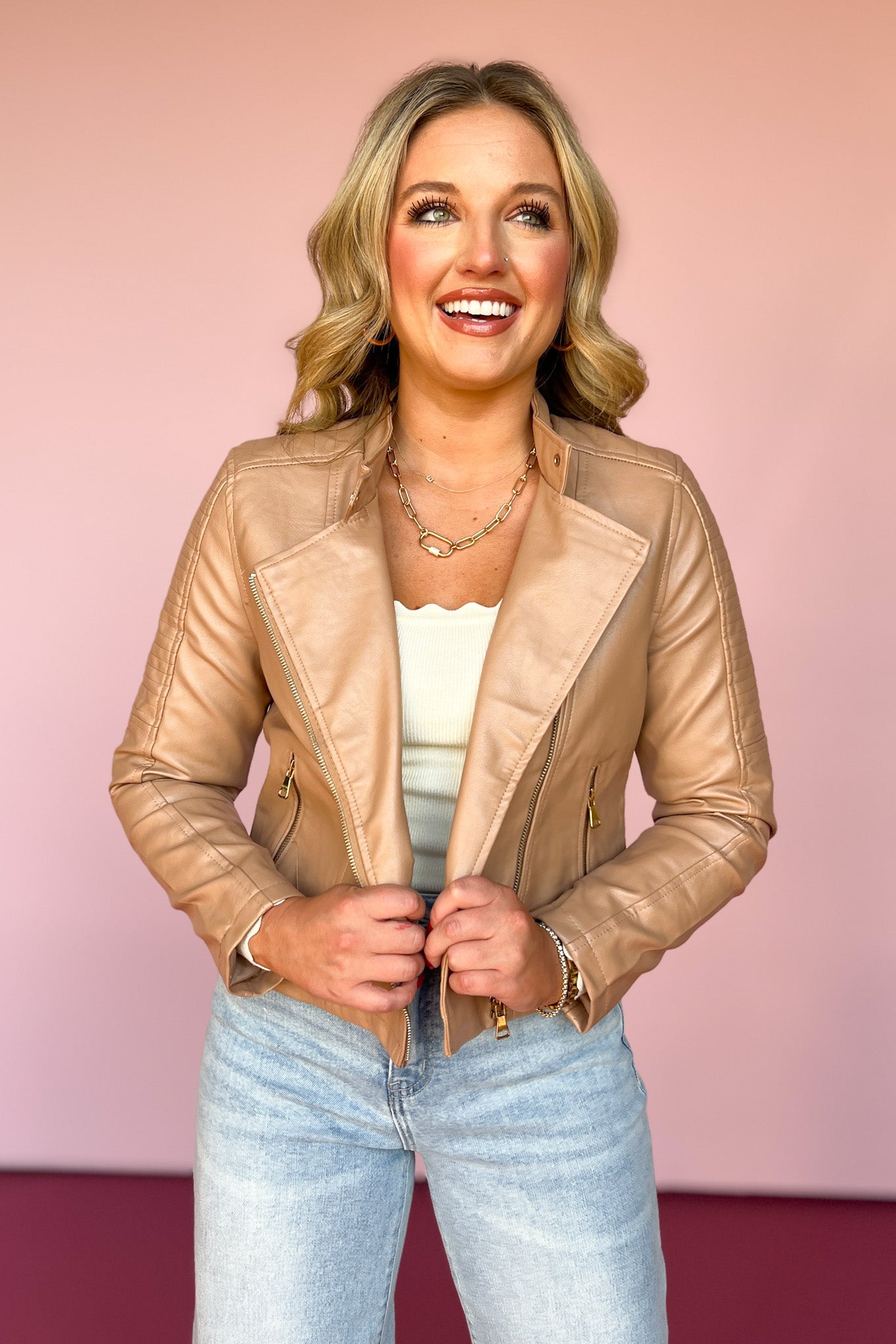 Taupe Faux Leather Zipper Moto Jacket