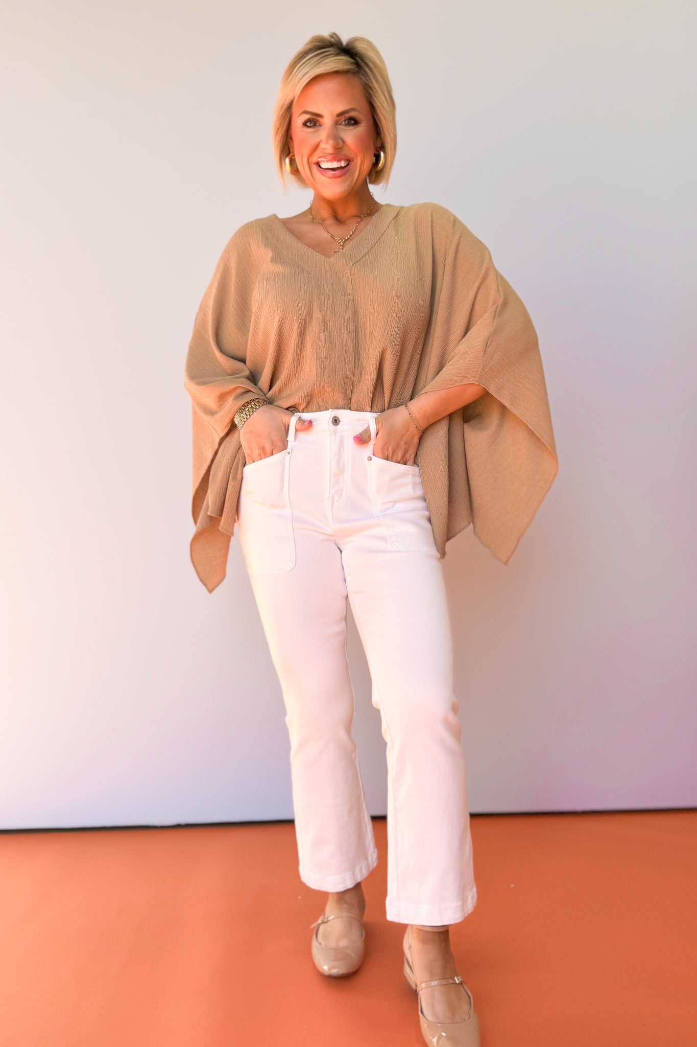 Taupe Textured V Neck Draped Sleeve Top *FINAL SALE*