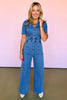 Denim Washed Collar Front Zipper Braid Trim Wide Leg Jumpsuit, denim jupsuit, denim style, elevated denim style, chic denim look, fall look, fall style, family picture outfit inspo, thanksgiving inspo, denim style, jumpsuit, 70s vibe style, vintage style, SSYS by malllry fitzsimmons 