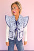 Blue Bow Print Contrast Binding Ruffle Shoulder Tie Front Vest *FINAL SALE*