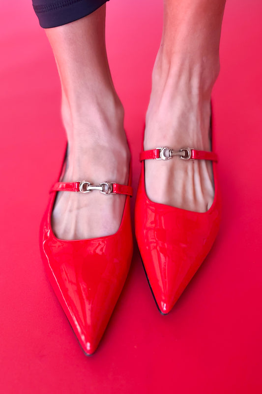 Red Patent Pointed Toe Buckle Slingback Flats