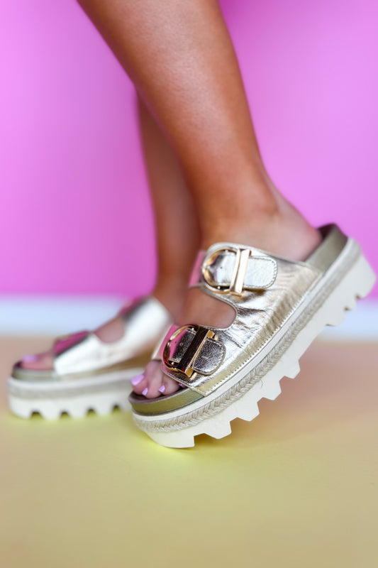 Gold Double Buckle Platform Slip On Sandals