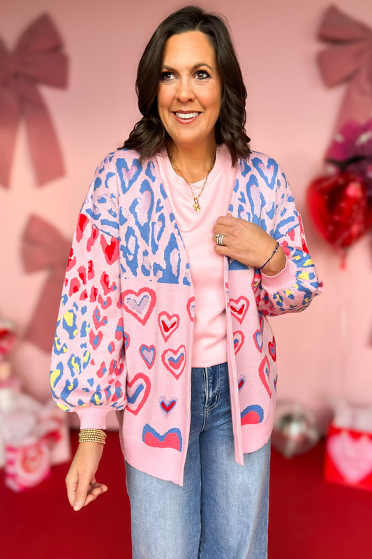 Pink Knit Heart Animal Print Open Cardigan, valentines day, easy to wear, warm sweater, pink, blue, red, cute cardigan. winter staple, boutique style, unique piece, cozy, chic, ssys by mallory fitzsimmons