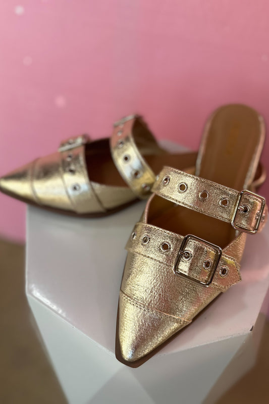 Gold Pointed Double Buckle Mule Shoes *FINAL SALE*