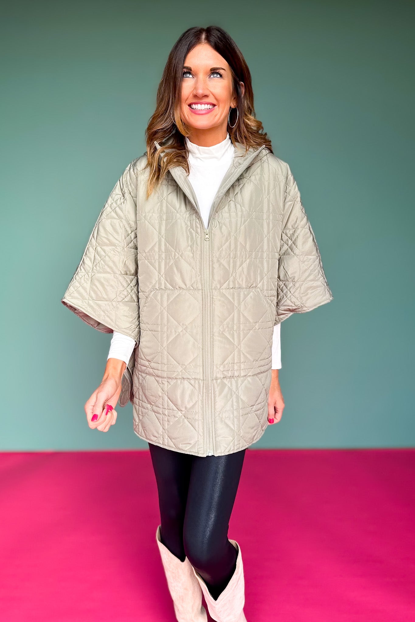 Olive Puffer Cape Poncho