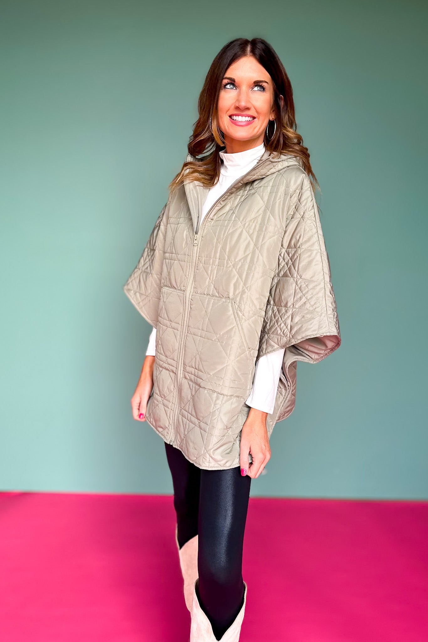 Olive Puffer Cape Poncho