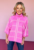 Pink Knit Plaid Check Print 3/4 Batwing Sleeve Sweater