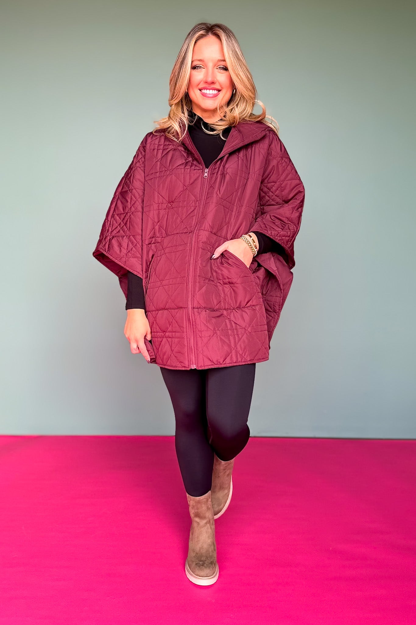 Burgundy Puffer Cape Poncho