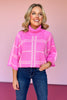 Pink Knit Plaid Check Print 3/4 Batwing Sleeve Sweater