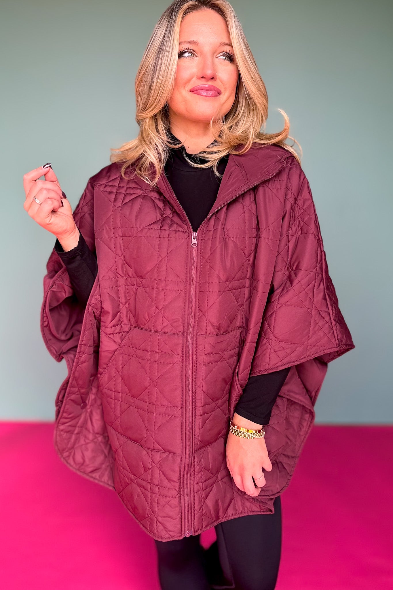 Burgundy Puffer Cape Poncho