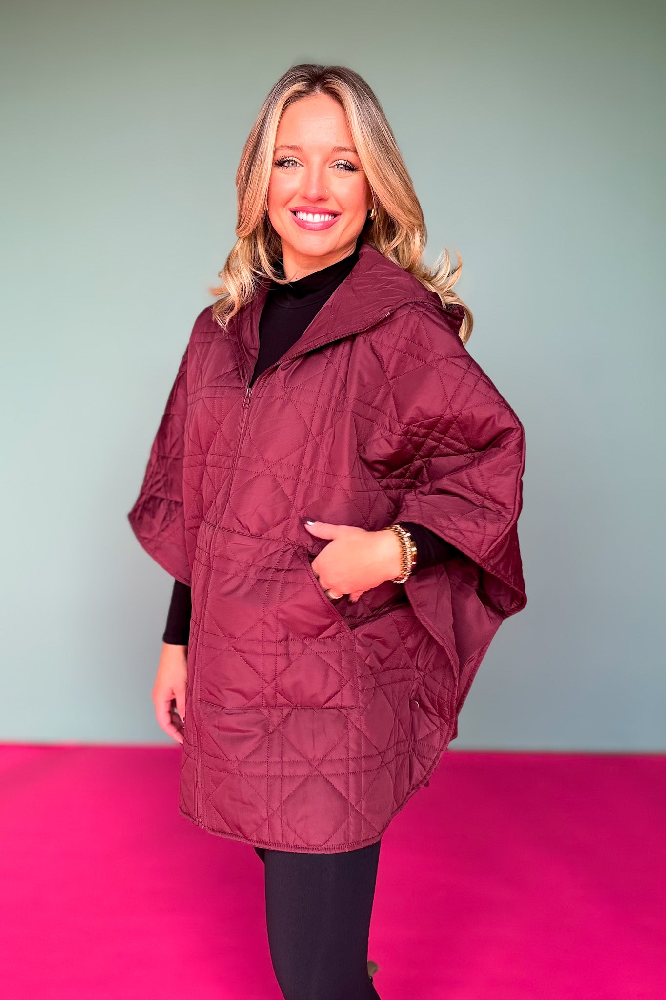 Burgundy Puffer Cape Poncho