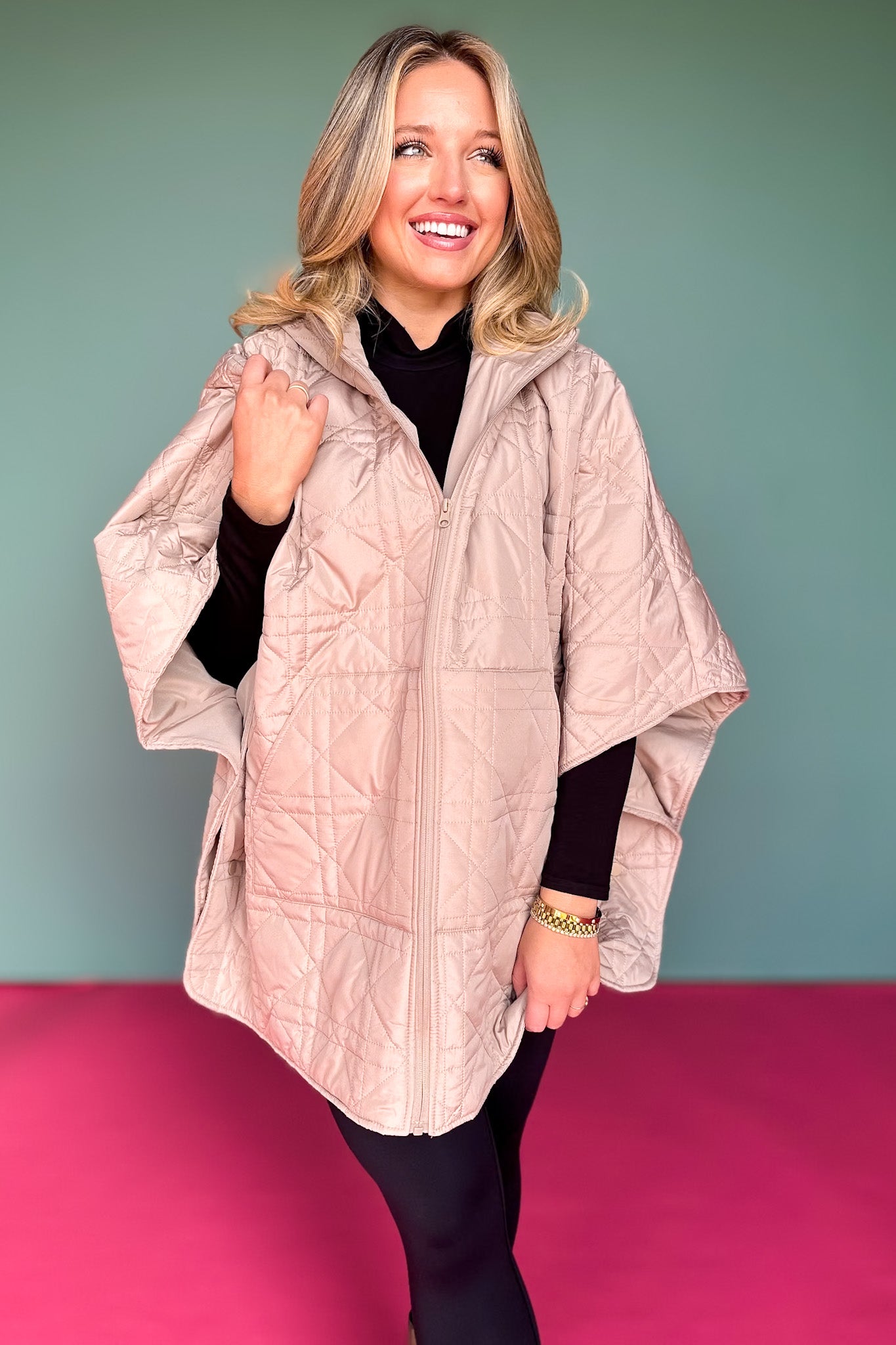 Beige Puffer Cape Poncho