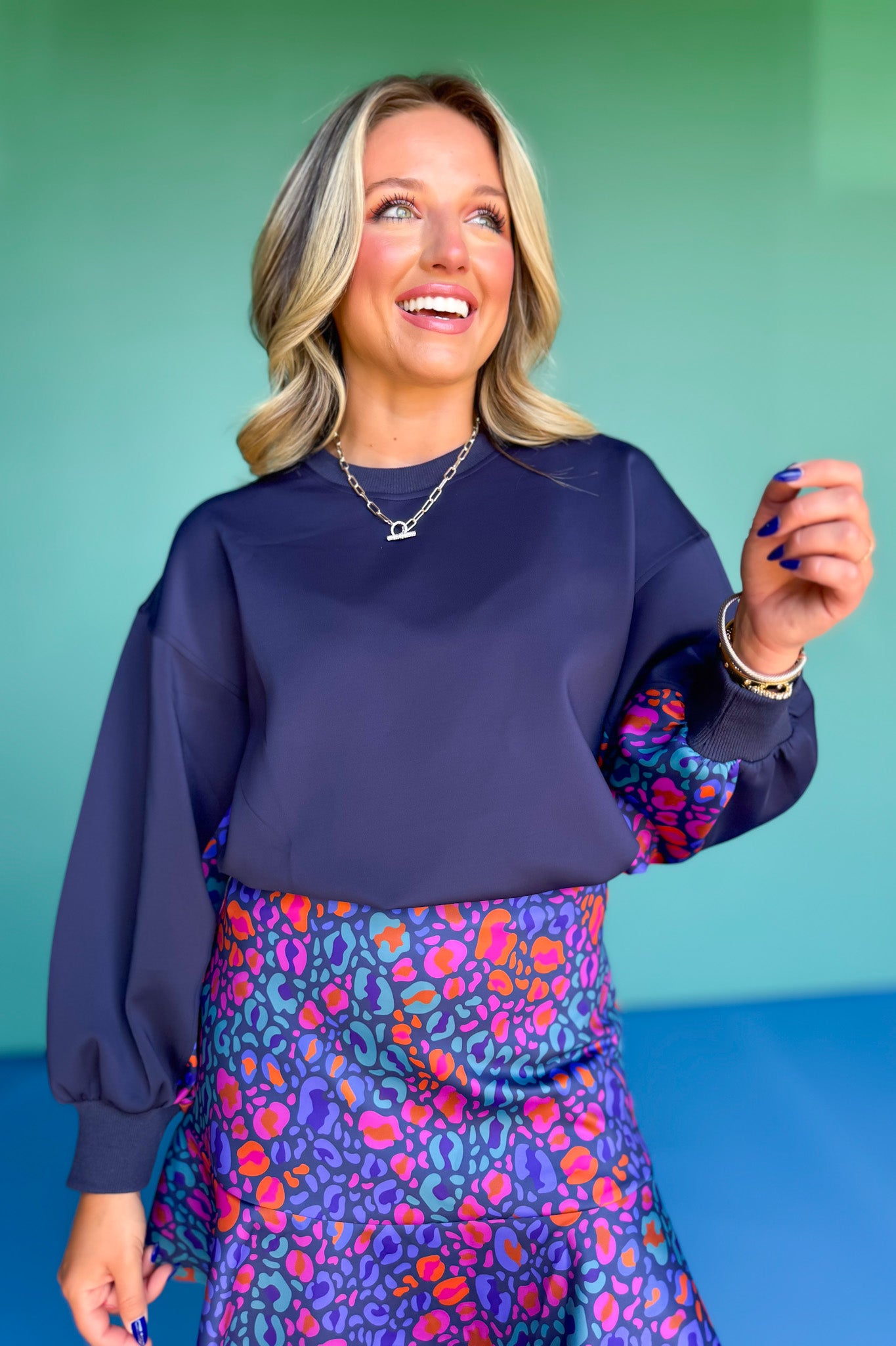 SSYS Crew Neck Printed Panel Scuba Sweatshirt In Navy Animal
