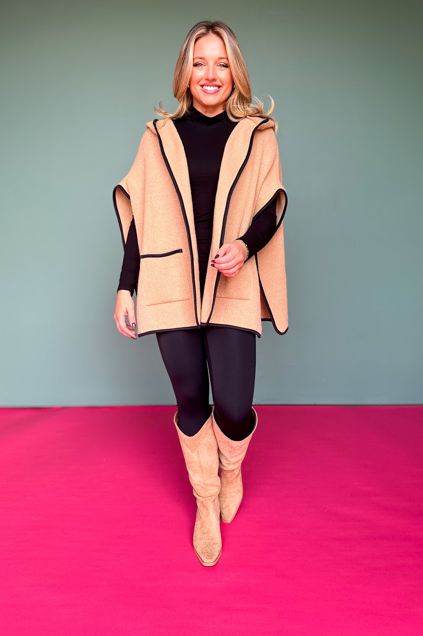 Taupe Hooded Poncho Wrap with Pockets