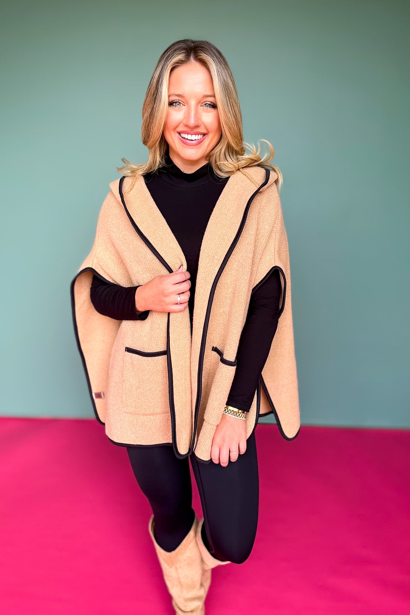 Taupe Hooded Poncho Wrap with Pockets