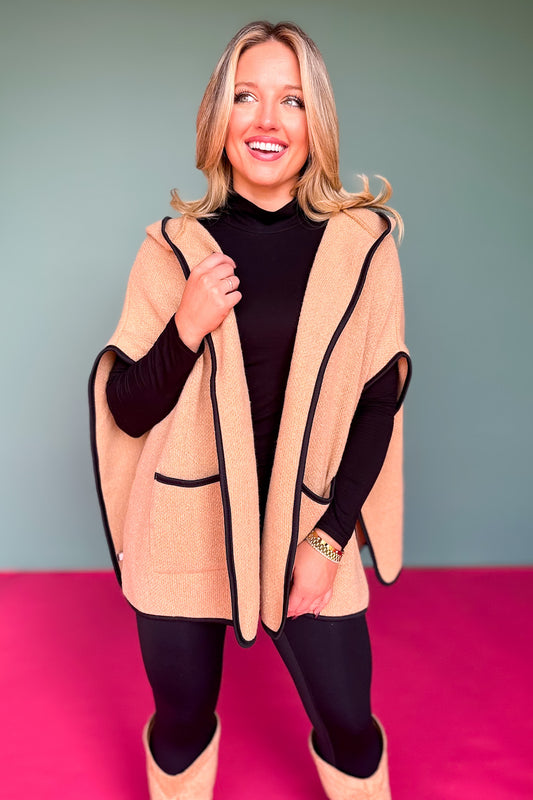 Taupe Hooded Poncho Wrap with Pockets