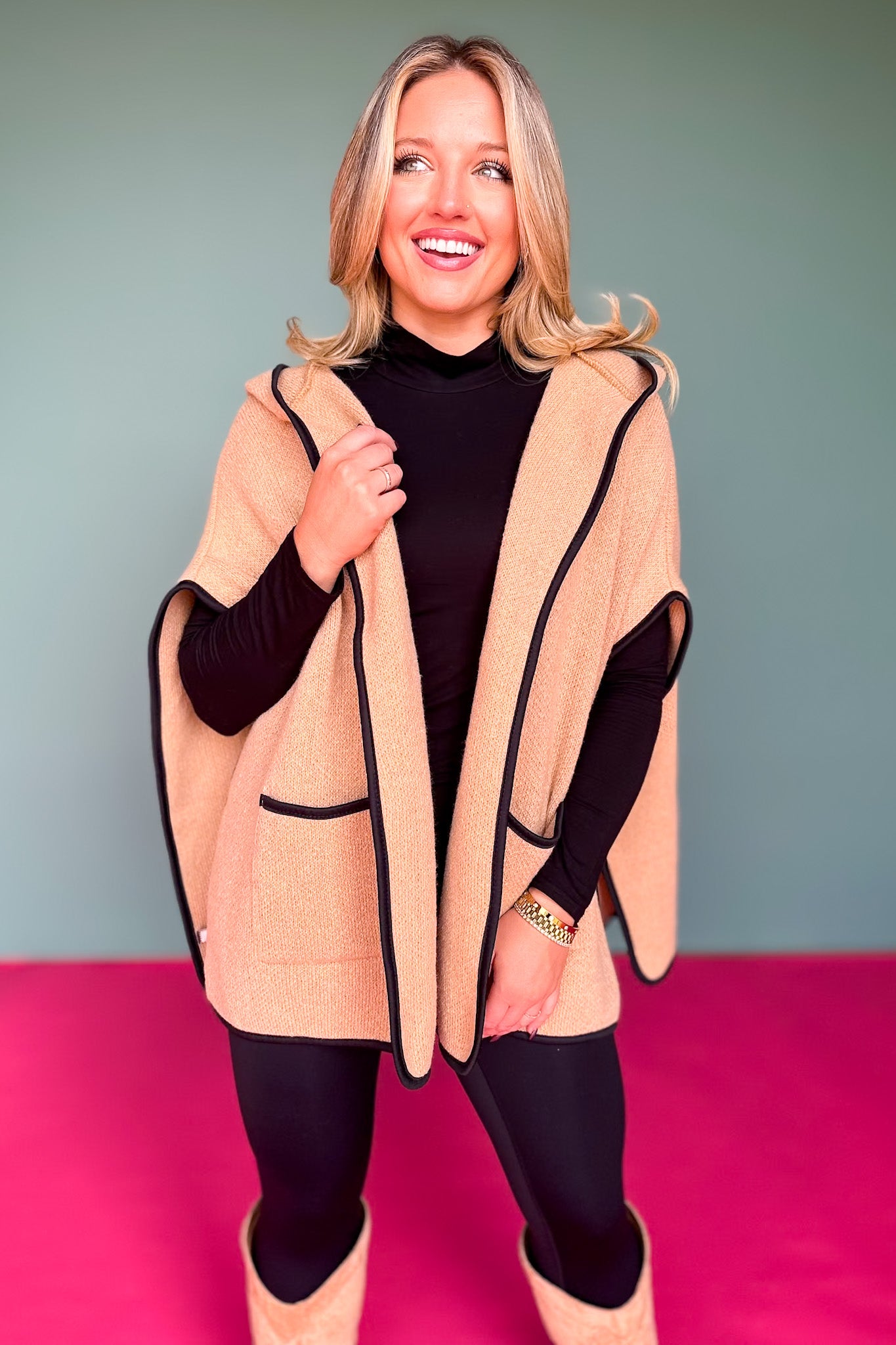 Taupe Hooded Poncho Wrap with Pockets