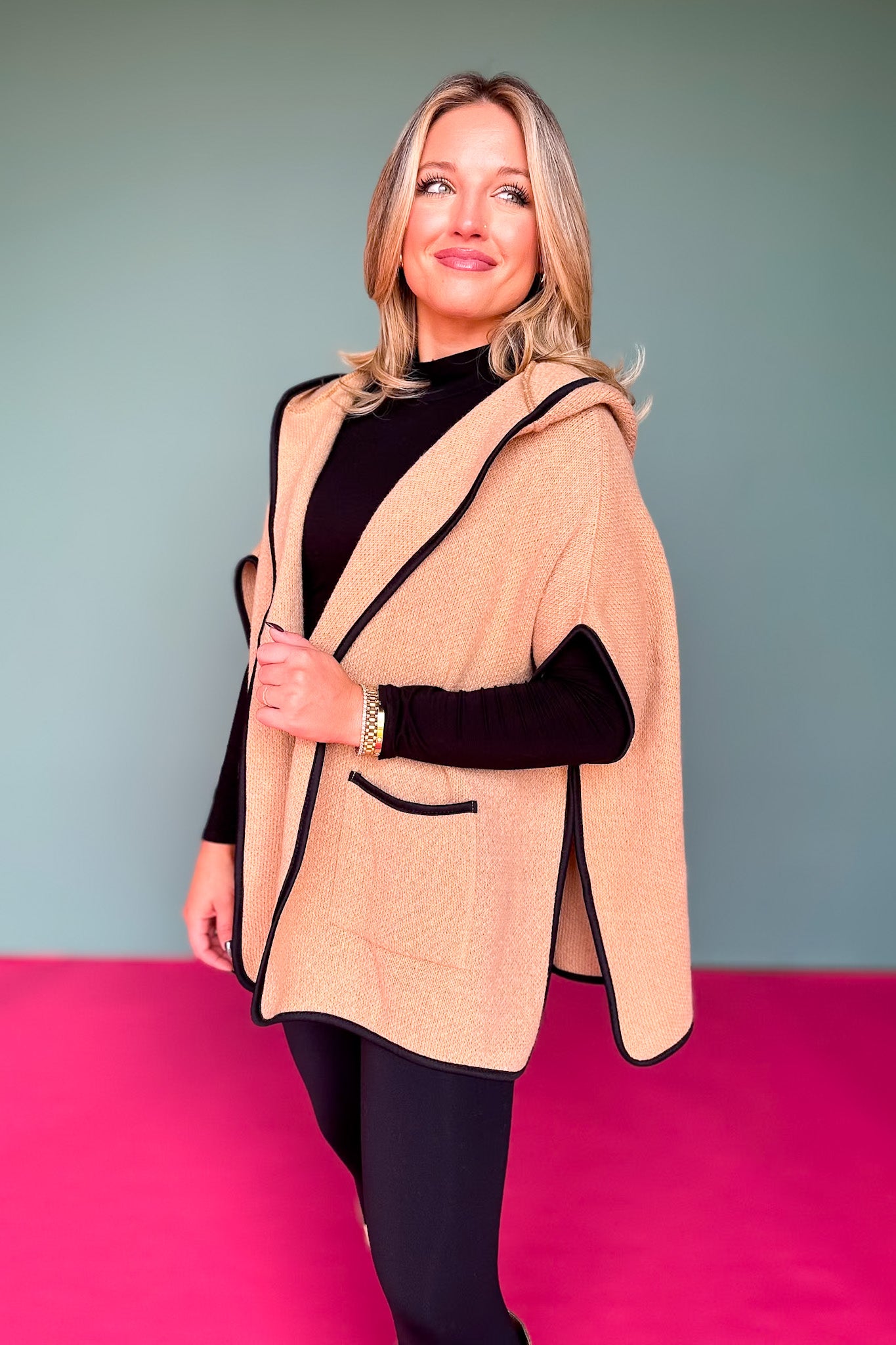 Taupe Hooded Poncho Wrap with Pockets