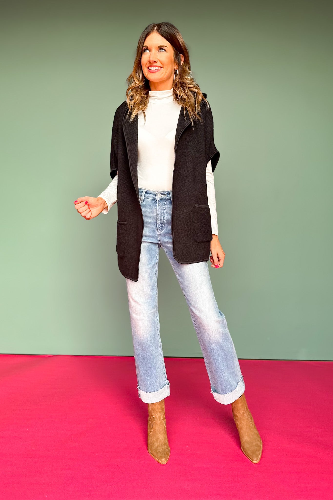 Black Hooded Poncho Wrap with Pockets