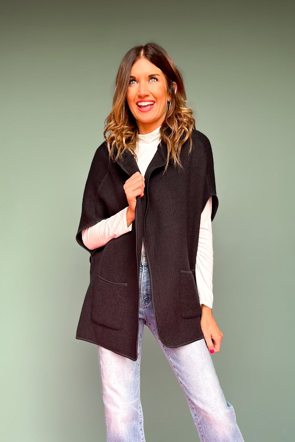 Black Hooded Poncho Wrap with Pockets