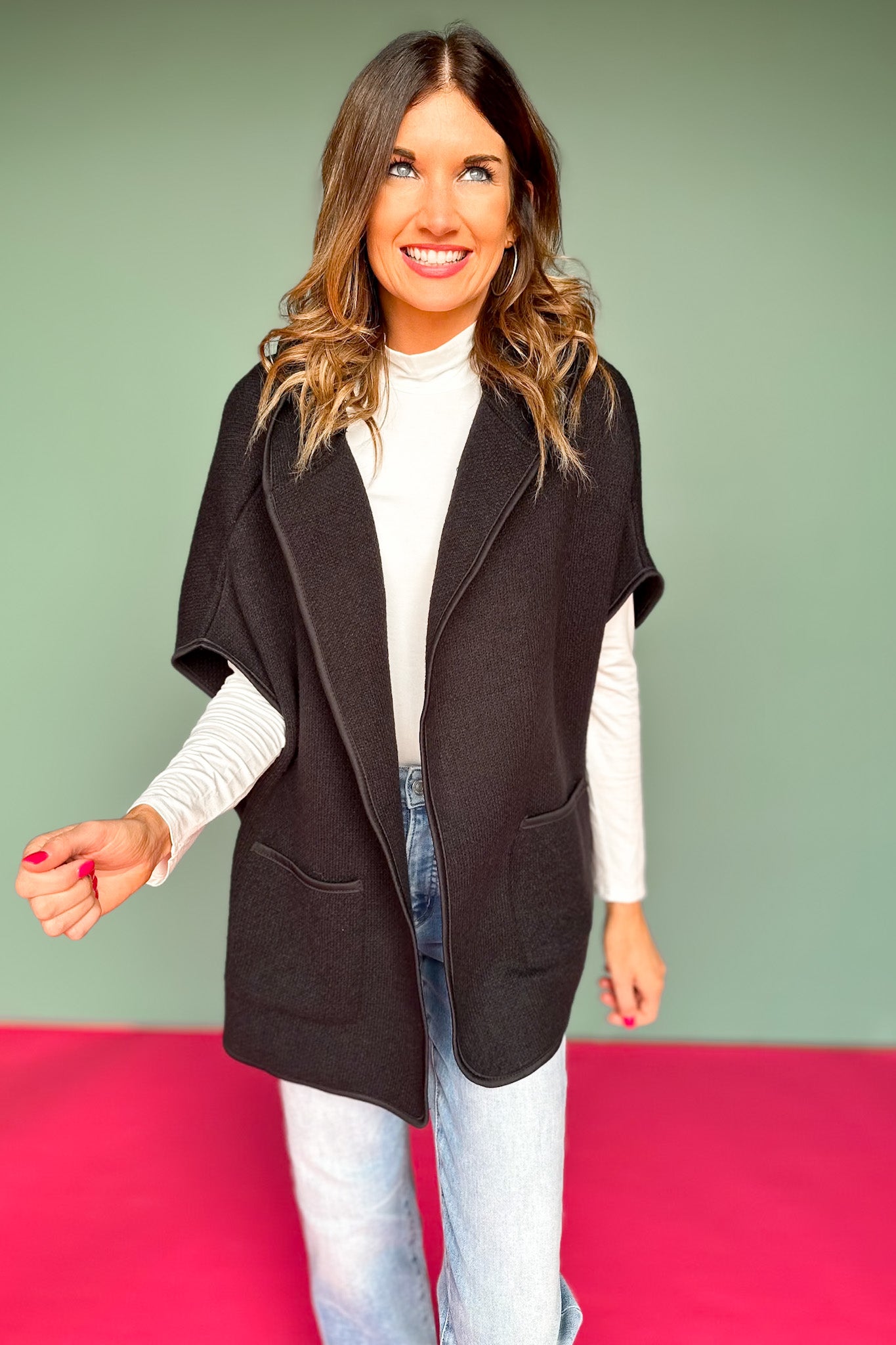 Black Hooded Poncho Wrap with Pockets