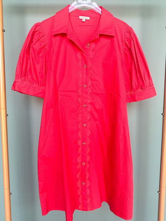 Red Collared Button Down Swirl Trim Short Puff Sleeve Dress